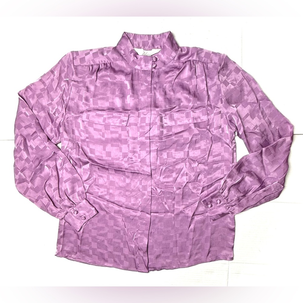 Vintage Alicia‎ Secretary Blouse Womens 12 Purple Button Up Square Satin 80s 90s